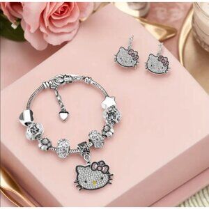 Hello Kitty Rhinestone Charm Bracelet & Earrings Set – 8 Adorable Charms